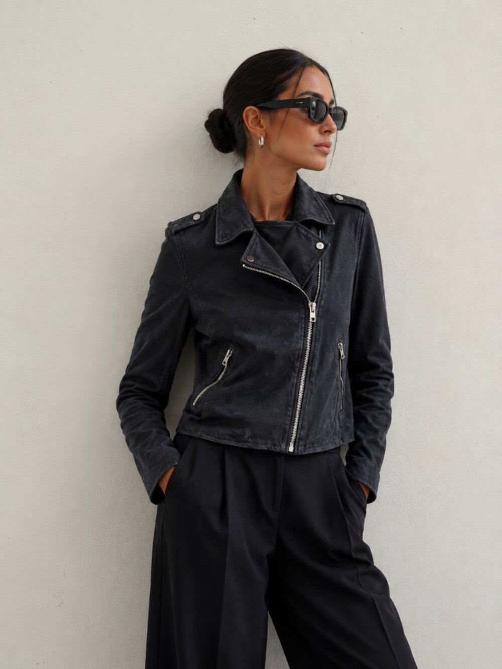 Lucky Brand Black Leather Moto Jacket Womens Small Asymmetrical Zip Biker Moto